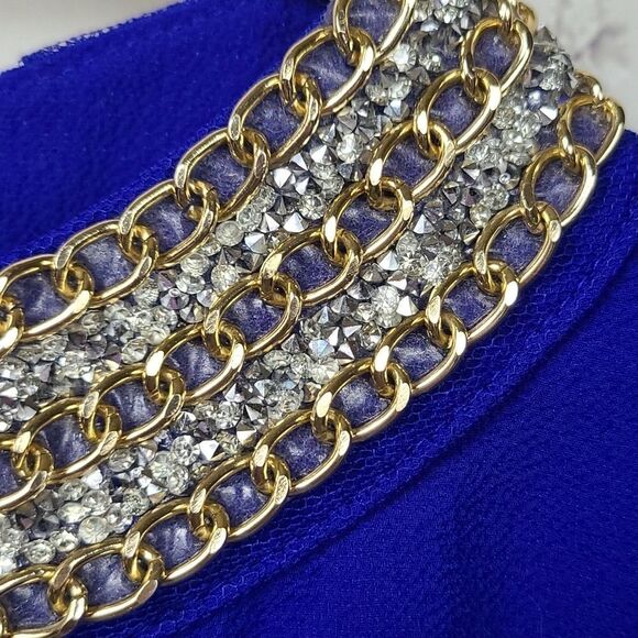 Moa Moa Cobalt Blue Crystal Gold Chain Neck Crepe Blouse Dressy Career Top Suit - Picture 3 of 9